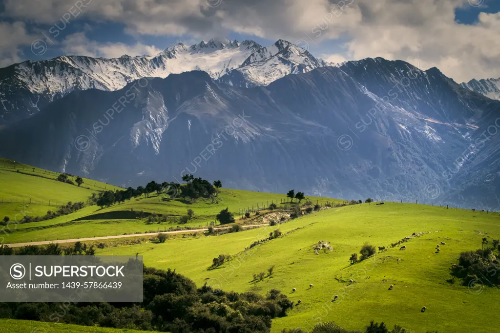 Rural scene with mountains behind, Kaikoura, Gisborne, New Zealand