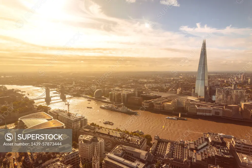 Sunny view of Thames river, Tower bridge, London tower and the Shard, City of London, UK