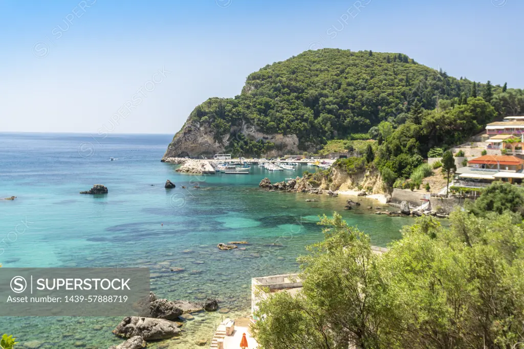 Greece, Corfu island, Paleokastrites, Coastline with marina