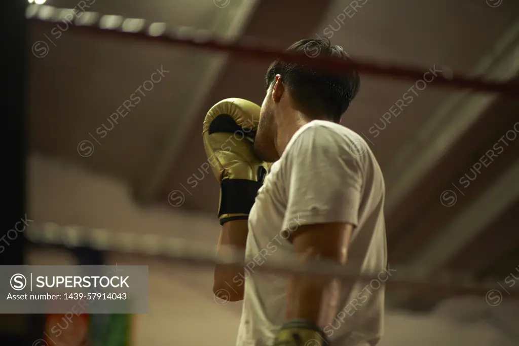 Boxer practising in boxing ring