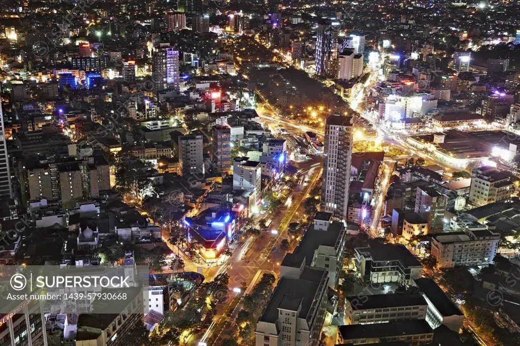 Night view of illuminated Ho Chi Minh City, Vietnam