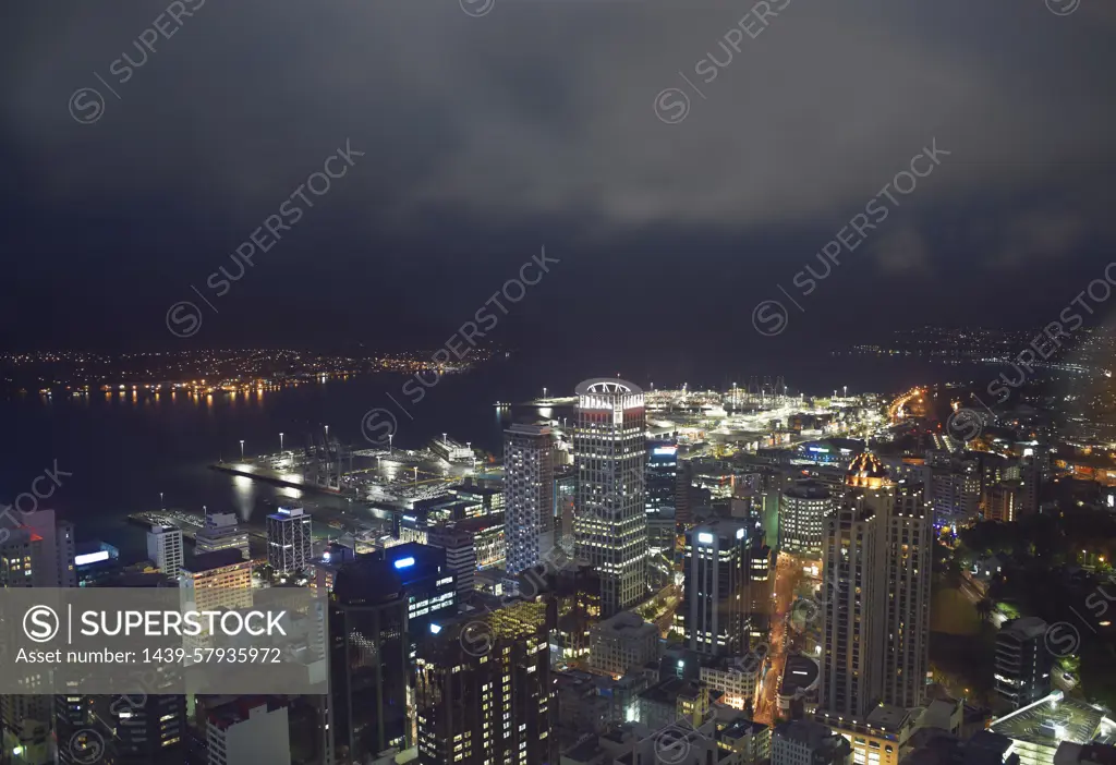 High angle view of Auckland at night, New Zealand