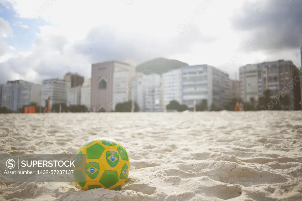 Brazilian soccer ball on Copacabana beach, Rio De Janeiro, Brazil