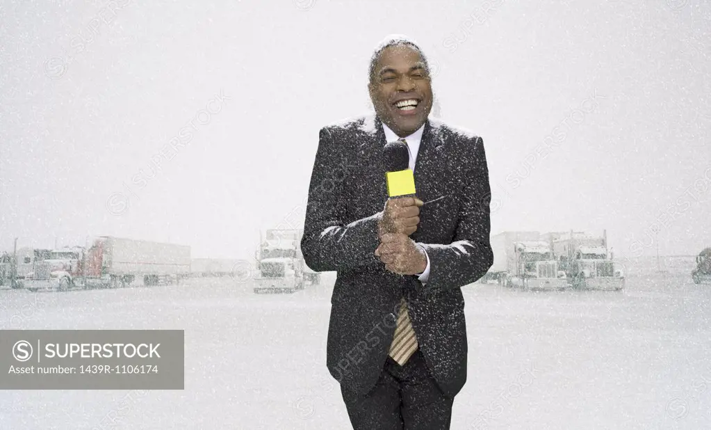 News presenter in snow