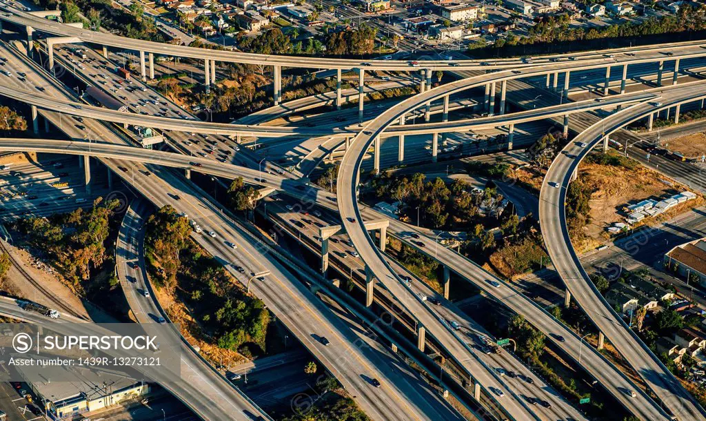 Aerial view of flyovers and highways, Los Angeles, California, USA