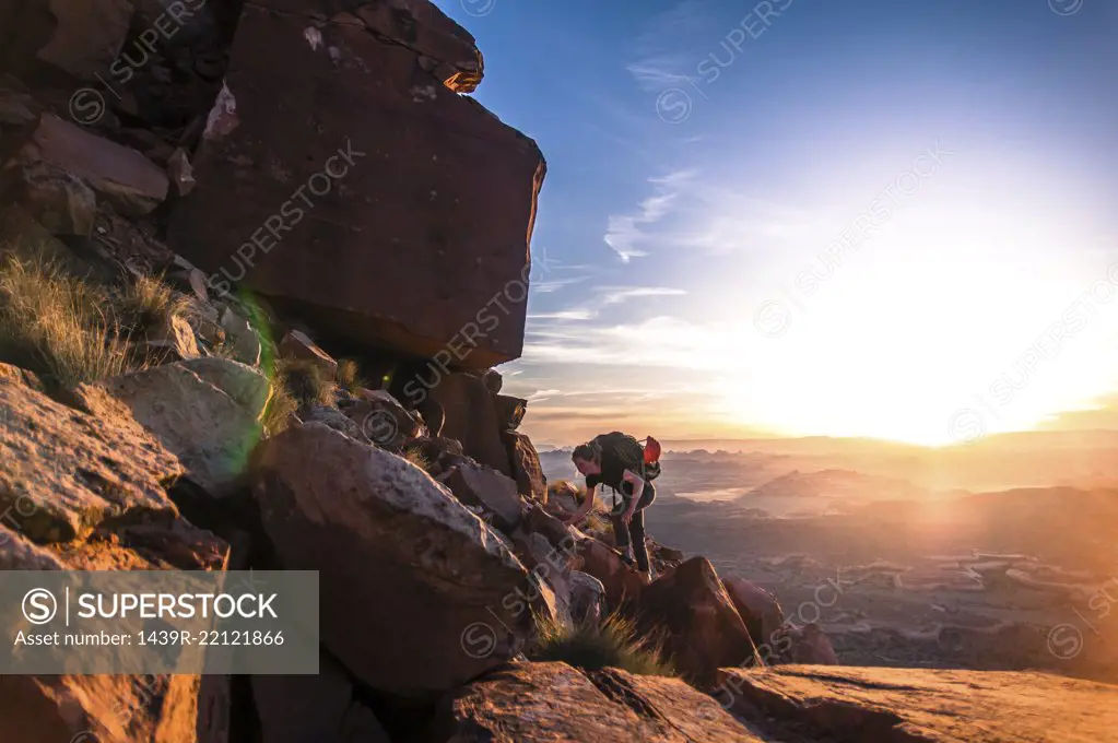 Rock climber, Desert Towers, Indian Creek, Moab, Utah, USA