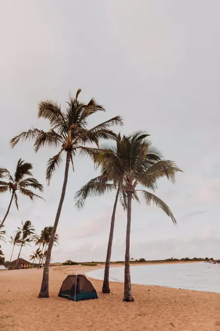 Woman in tent on sandy beach, Princeville, Hawaii, US