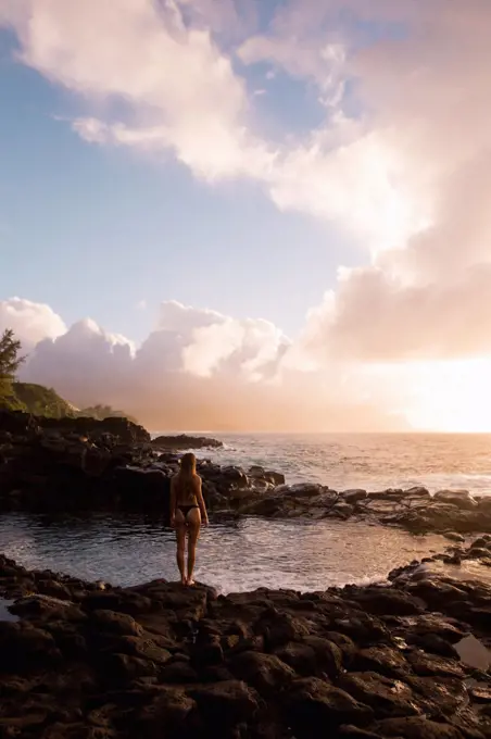 Swimmer enjoying enclosed sea pool, Princeville, Hawaii, US