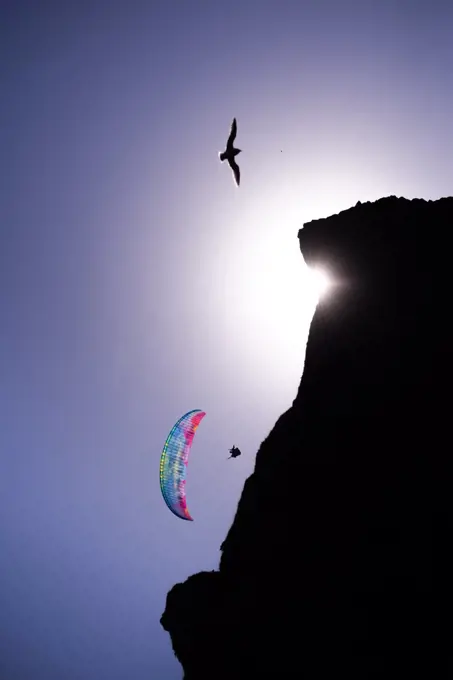 Paraglider gliding mid air near cliff against blue sky, Vik, Iceland