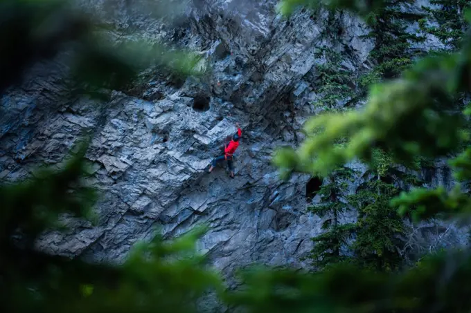 Man sport climbing, Canmore, Alberta, Canada