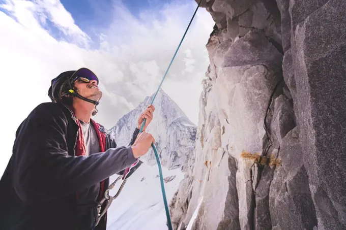 Man rock climbing in Bugaboo Provincial Park, Alberta, Canada