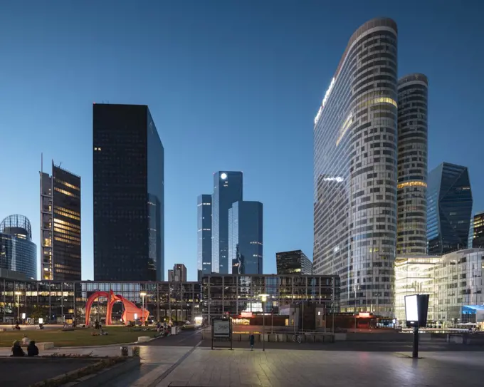 France, Paris, La Defense skyscrapers at night