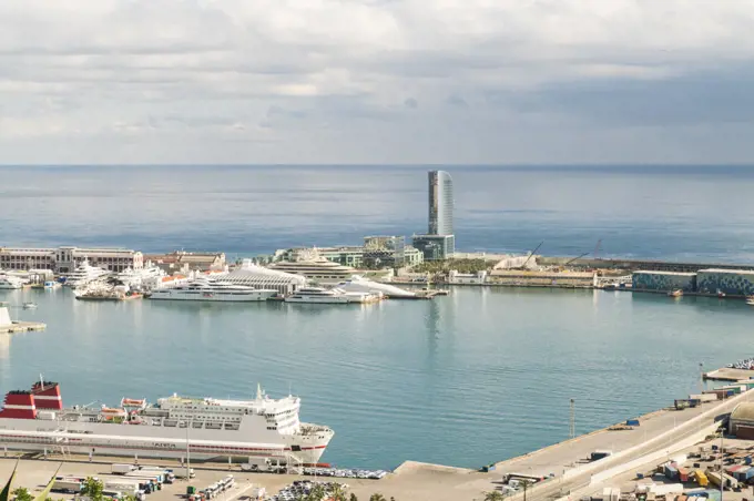 Spain, Catalonia, Barcelona, Ships in port and sea