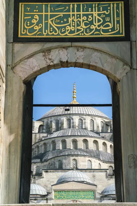 Turkey, Istanbul, Sign in Arabic over entrance to Blue Mosque