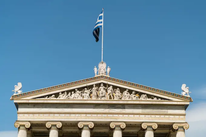 Greece, Athens, Flag of Greece on Academy of Athens