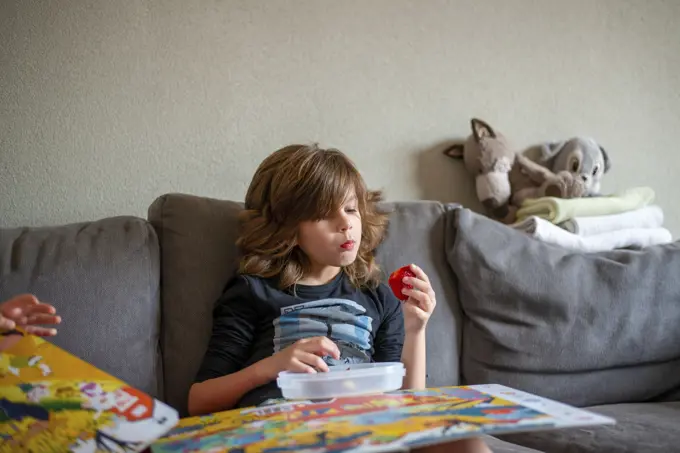 Young boy sitting on the sofa eating healthy strawberries and reading a book