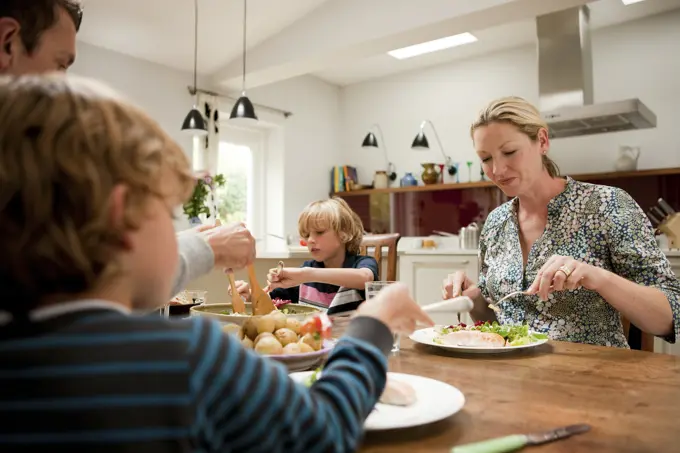 Family sitting down and eating a healthy meal together