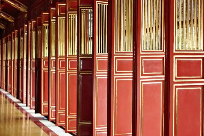 Red doors of Thai Hoa Palace, Hue, Vietnam