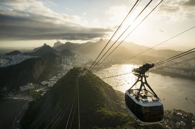 View of cable car from Sugarloaf mountain. Rio De Janeiro, Brazil