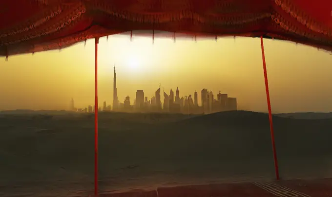 Futuristic cityscape from bedouin tent, Dubai, United Arab Emirates