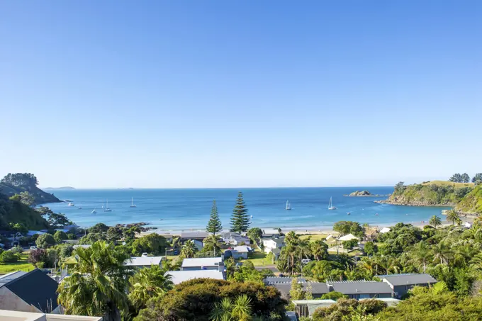 Elevated view of bay and coast, Waiheke Island, New Zealand