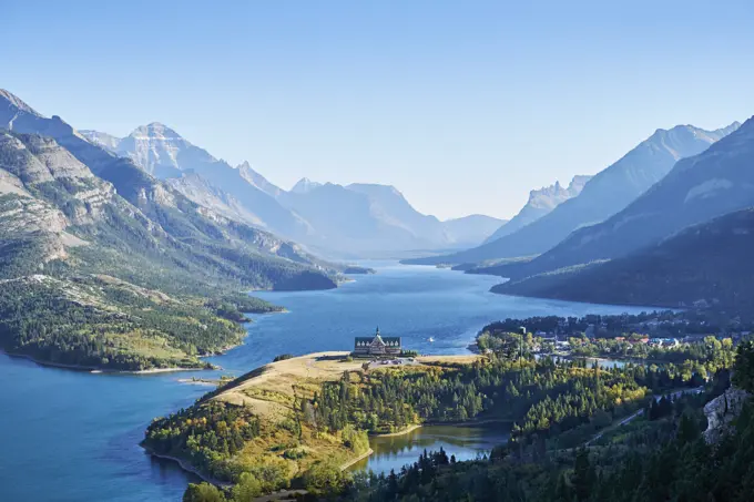 High and view of Waterton Lakes National Park, Alberta, Canada