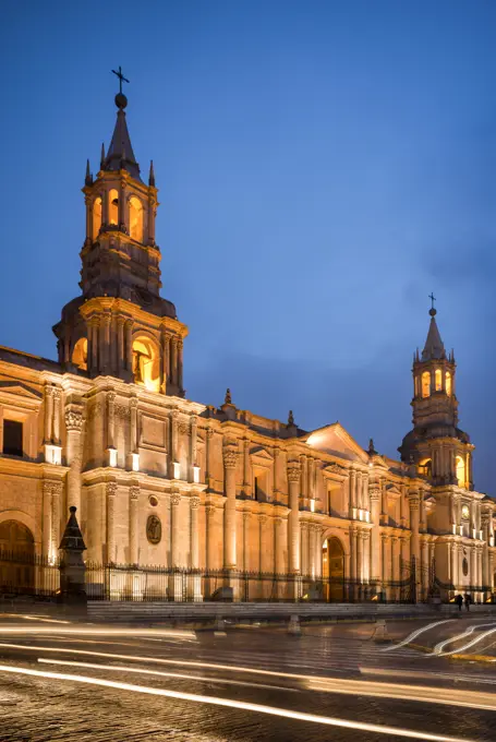 Cathedral at night, Arequipa, Peru, South America