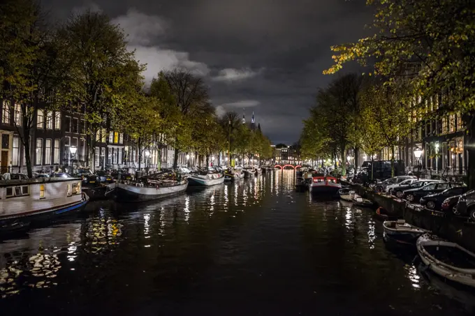 Canals of Amsterdam at night, Netherlands