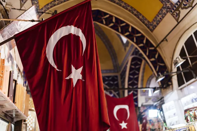 Flag of Turkey, Interior of Grand Bazaar, Istanbul, Turkey