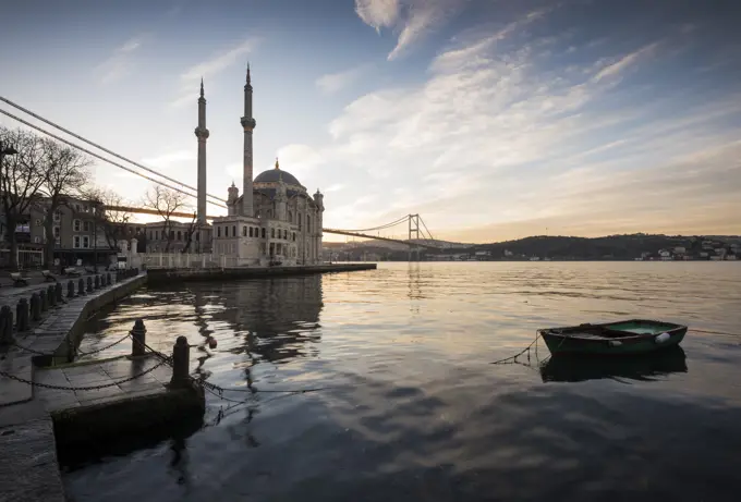 Exterior of Ortakoy Mosque and Bhosphorus bridge at dawn, Ortakoy, Istanbul, Turkey