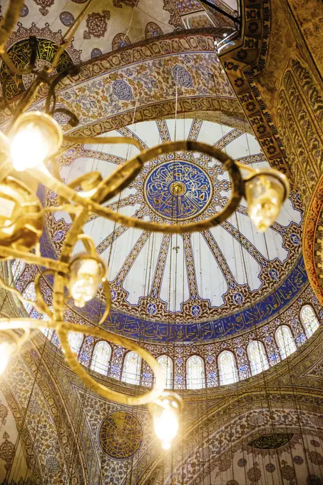 Low angle view of domed ceiling,  Sultan Ahmed Mosque, Istanbul, Turkey