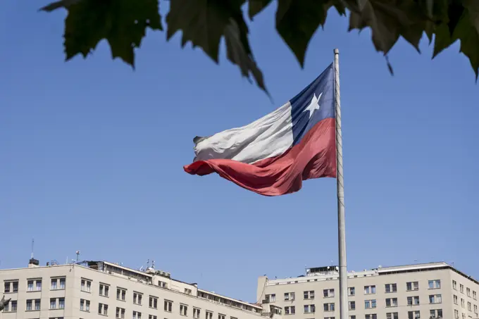 Chilean flag flapping in wind, Santiago de Chile, Chile