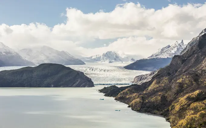 View of Grey glacier lake and Grey glacier, Torres del Paine National Park, Chile