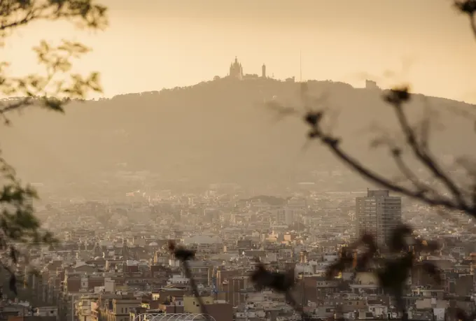 Elevated cityscape view to Tibidabo from Montjuic, Barcelona, Spain