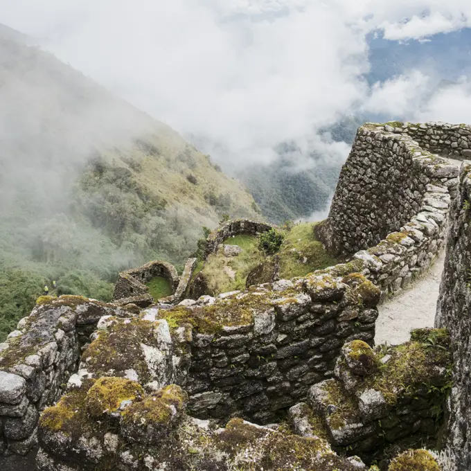 Dry stone wall on Inca trail, Inca, Huanuco, Peru, South America