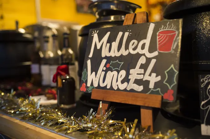 Mulled wine Christmas market stall, South Bank, London, UK