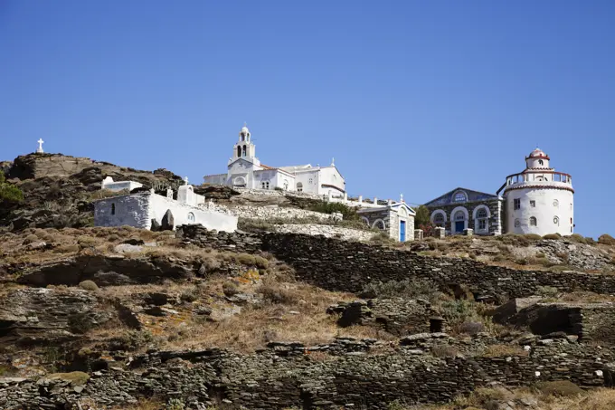 Whitewashed church on hill, Tinos Island, Greece