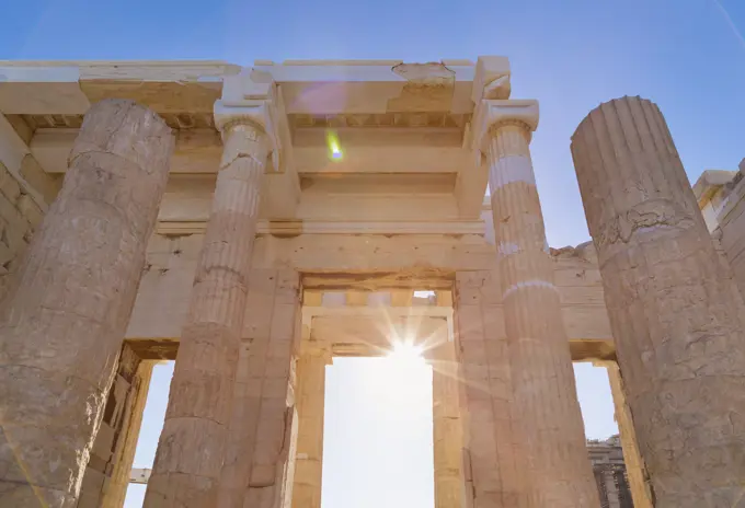 Sunlight on the acropolis ruins, Athens, Attiki, Greece, Europe