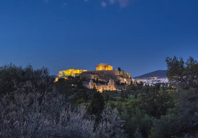 The Acropolis illuminated at night, Athens, Attiki, Greece, Europe