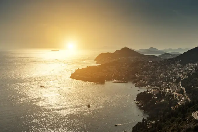 Mountains on coast by sea at sunset, Adamovec, Grad Zagreb, Croatia, Europe