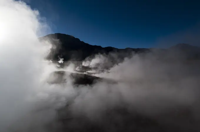 Steam rising from El Tatio geyser field, Atacama Desert, Chile