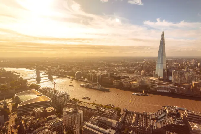 Sunny view of Thames river, Tower bridge, London tower and the Shard, City of London, UK