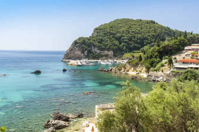 Greece, Corfu island, Paleokastrites, Coastline with marina