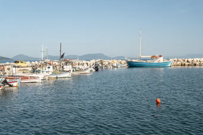 Greece, Lefkimmi, Boats moored in small harbor