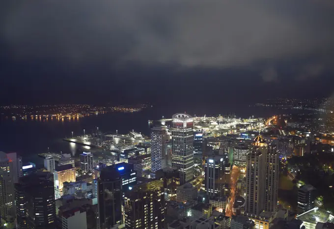 High angle view of Auckland at night, New Zealand