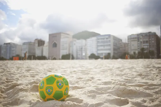 Brazilian soccer ball on Copacabana beach, Rio De Janeiro, Brazil