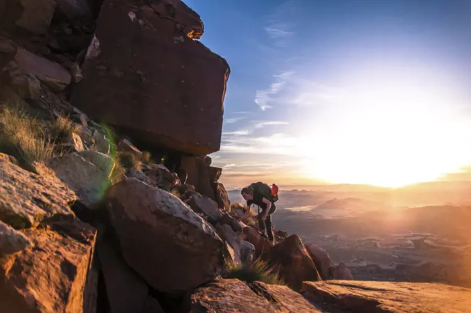 Rock climber, Desert Towers, Indian Creek, Moab, Utah, USA