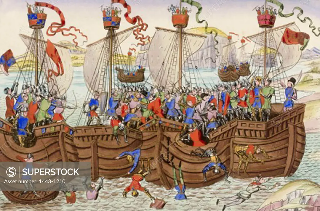 Hundred Year's War: Sea Battle at La Rochelle- The Earl of Pembroke Attacked by Spanish Fleet 1372 Jean Froissart (ca.1337-ca.1405 French) Lithograph Collection of Archiv for Kunst & Geschichte, Berlin, Germany