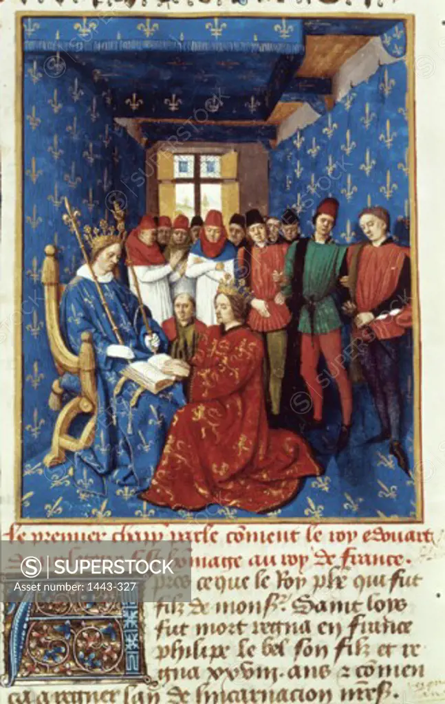 Edward I of England Paying Homage to Philip IV (the Fair) of France 1299 Jean Fouquet (ca.1420-1480 French) Illuminated manuscript Bibliotheque Nationale, Paris, France