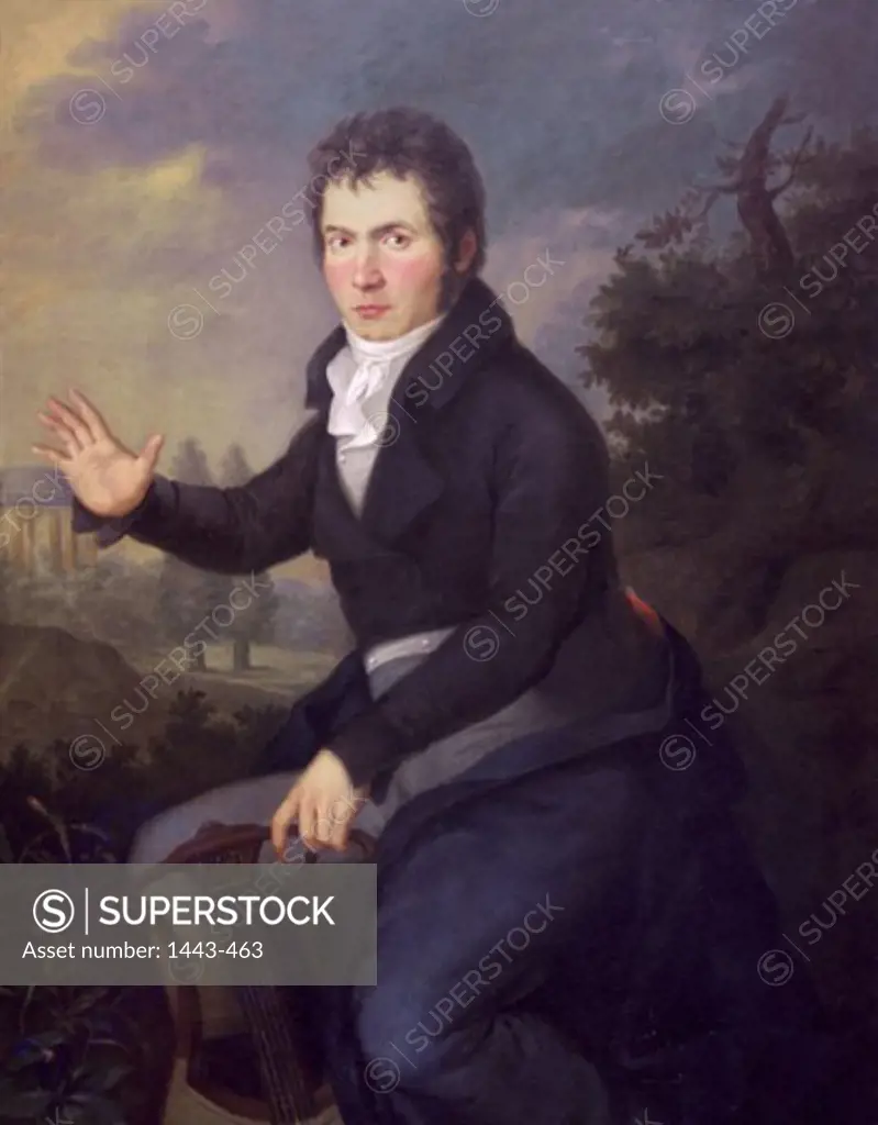 Portrait of Ludwig van Beethoven with a Lyre, Temple of Apollo in the Background ca. 1804 Joseph Mahler (1778-1860 German)  Historisches Museum der Stadt, Vienna, Austria